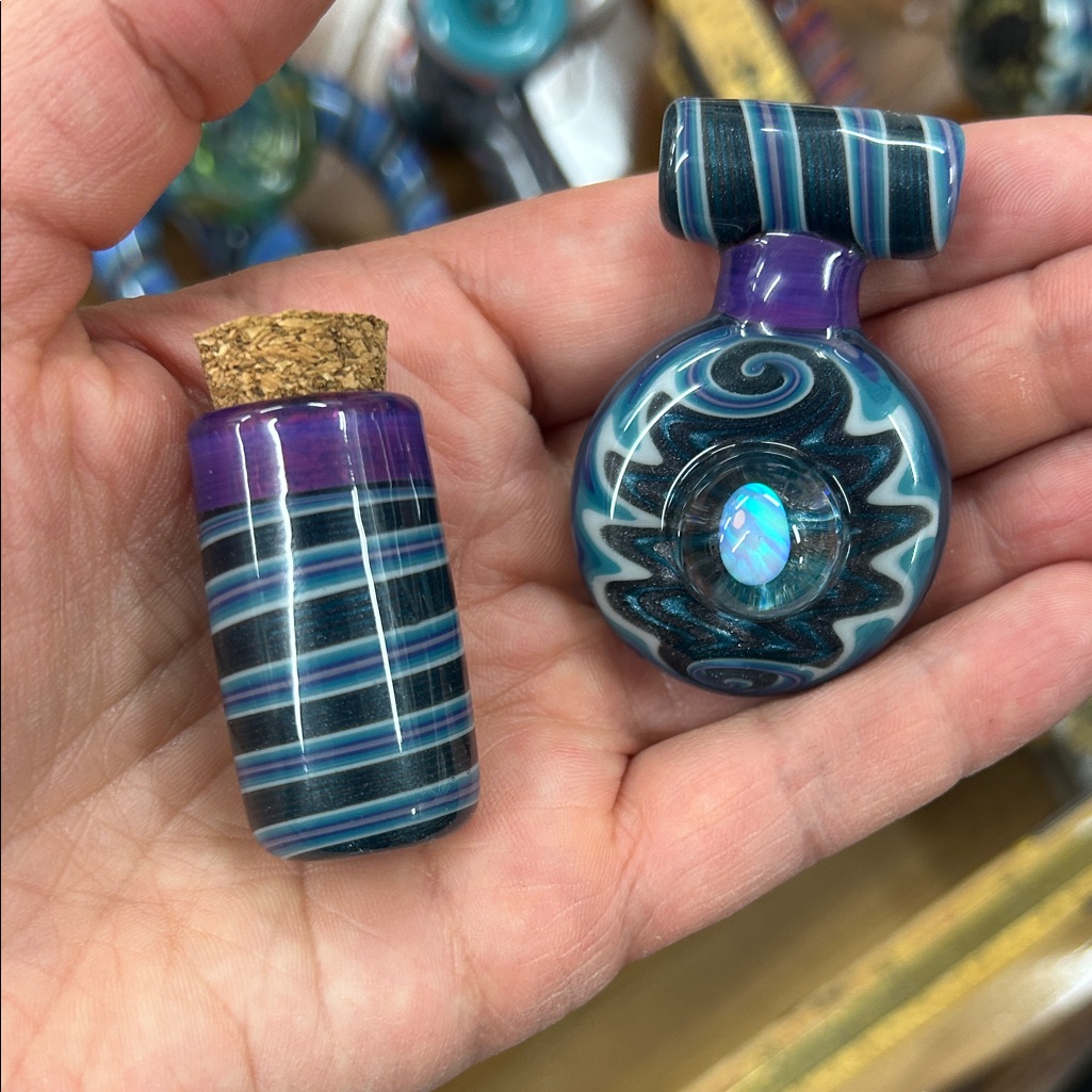 Heady Opal And Sparkle Pendant & Matchinh Glass Cork Jar Handblown Glass Oneoff